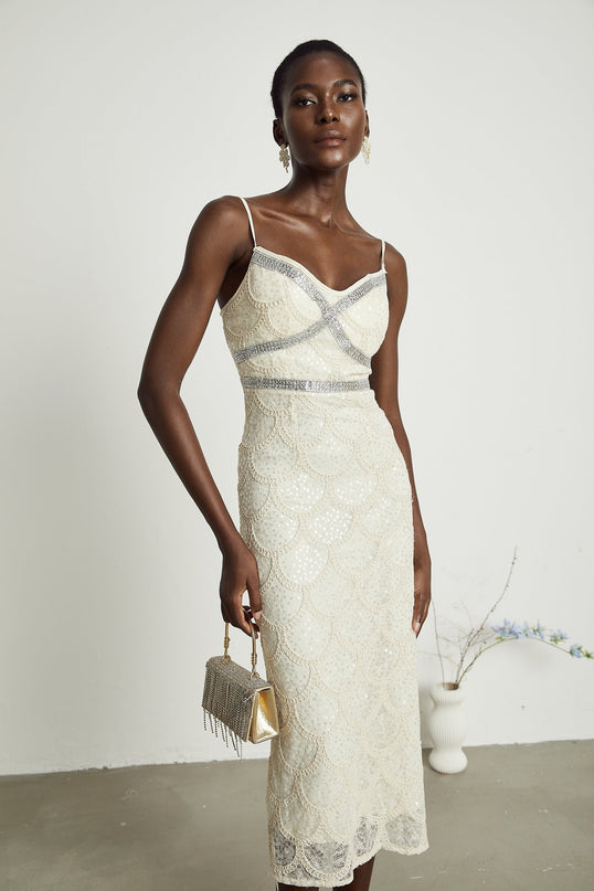 Madisyn Neutrals Sequin Crystal V Neck Midi Dress Polyester