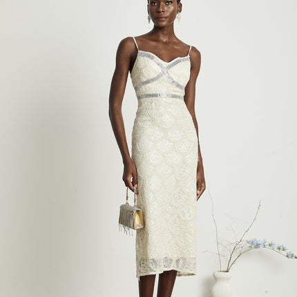 Madisyn Neutrals Sleeveless V Neck Midi Dress Polyester Sequin Crystal Embellishments Glamour