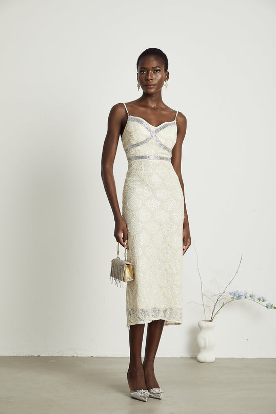 Madisyn Neutrals Sleeveless V Neck Midi Dress Polyester Sequin Crystal Embellishments Glamour