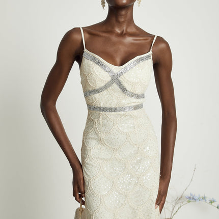 Madisyn Neutrals Sequin Crystal V Neck Midi Dress Polyester