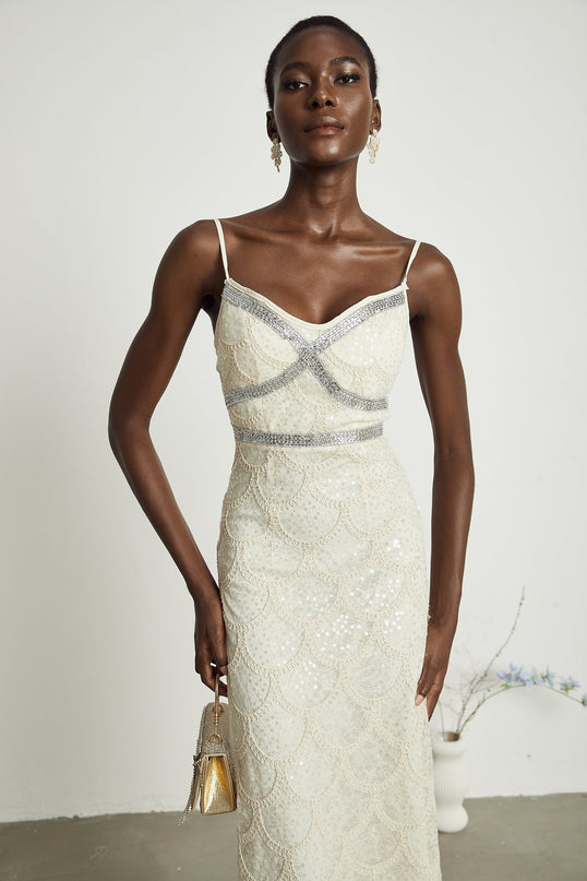 Madisyn Neutrals Sequin Crystal V Neck Midi Dress Polyester