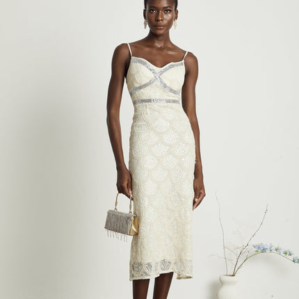 Madisyn Sleeveless V Neck Midi Dress in Neutrals sequin crystal embellishments
