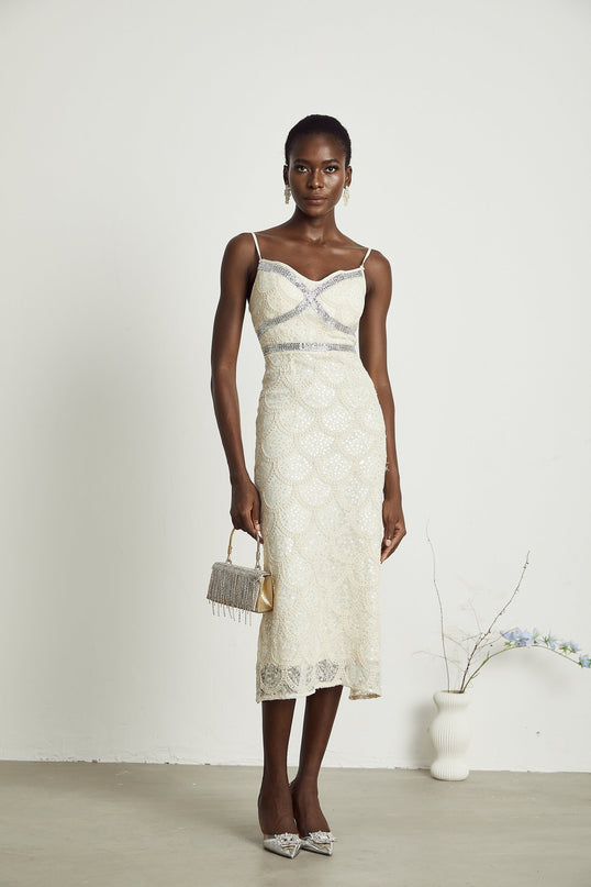 Madisyn Sleeveless V Neck Midi Dress in Neutrals sequin crystal embellishments