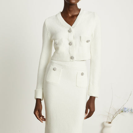 Madisyn White Cardigan Skirt Button Knit Set