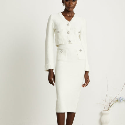 Madisyn White Cardigan Skirt Button Knit Set