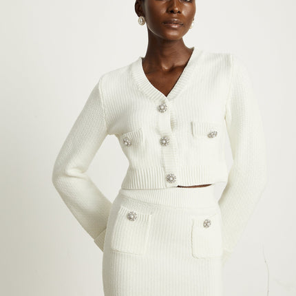 Madisyn White Cardigan Skirt Button Knit Set