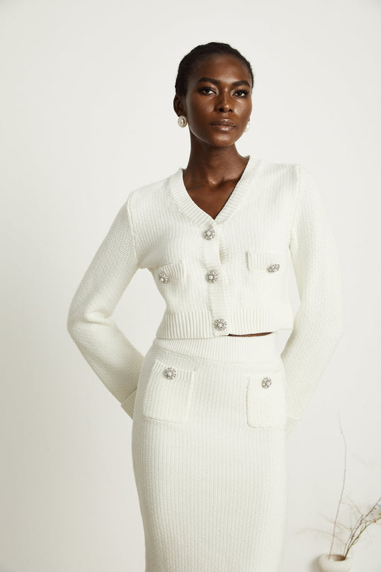 Madisyn White Cardigan Skirt Button Knit Set