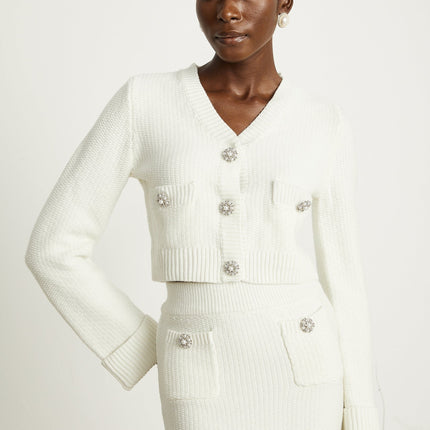 Madisyn White Cardigan Skirt Button Knit Set