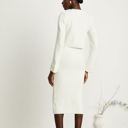 Madisyn White Cardigan Skirt Set Button Knit Elegant Sophisticated Comfortable