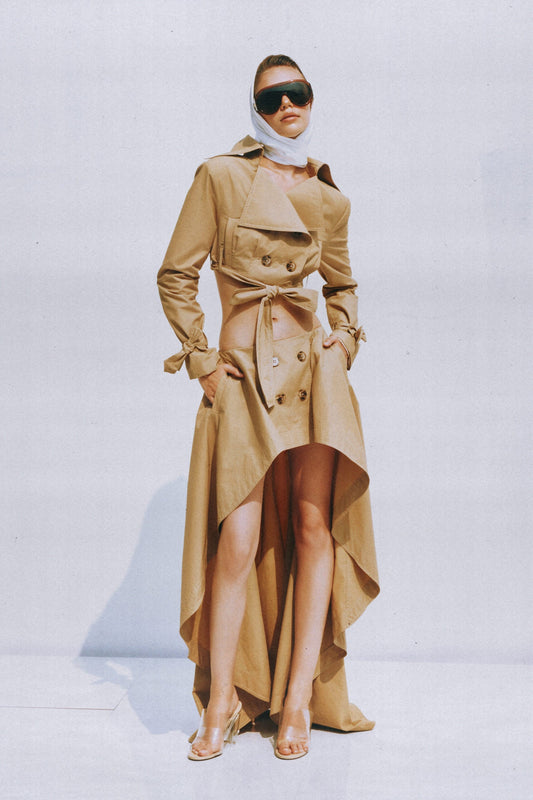 Maelle Khaki Cropped Trench Jacket  Skirt Matching Set