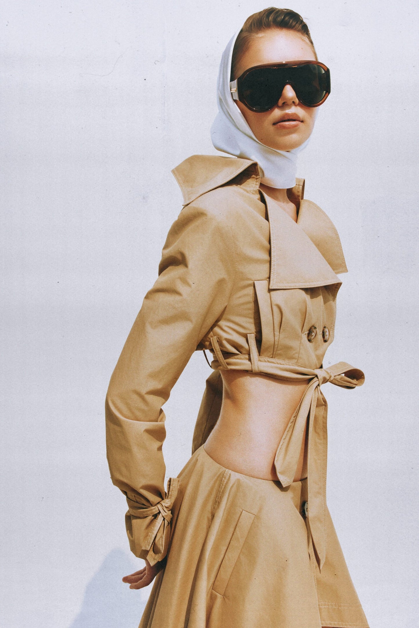 Maelle Khaki Cropped Trench Jacket  Skirt Matching Set