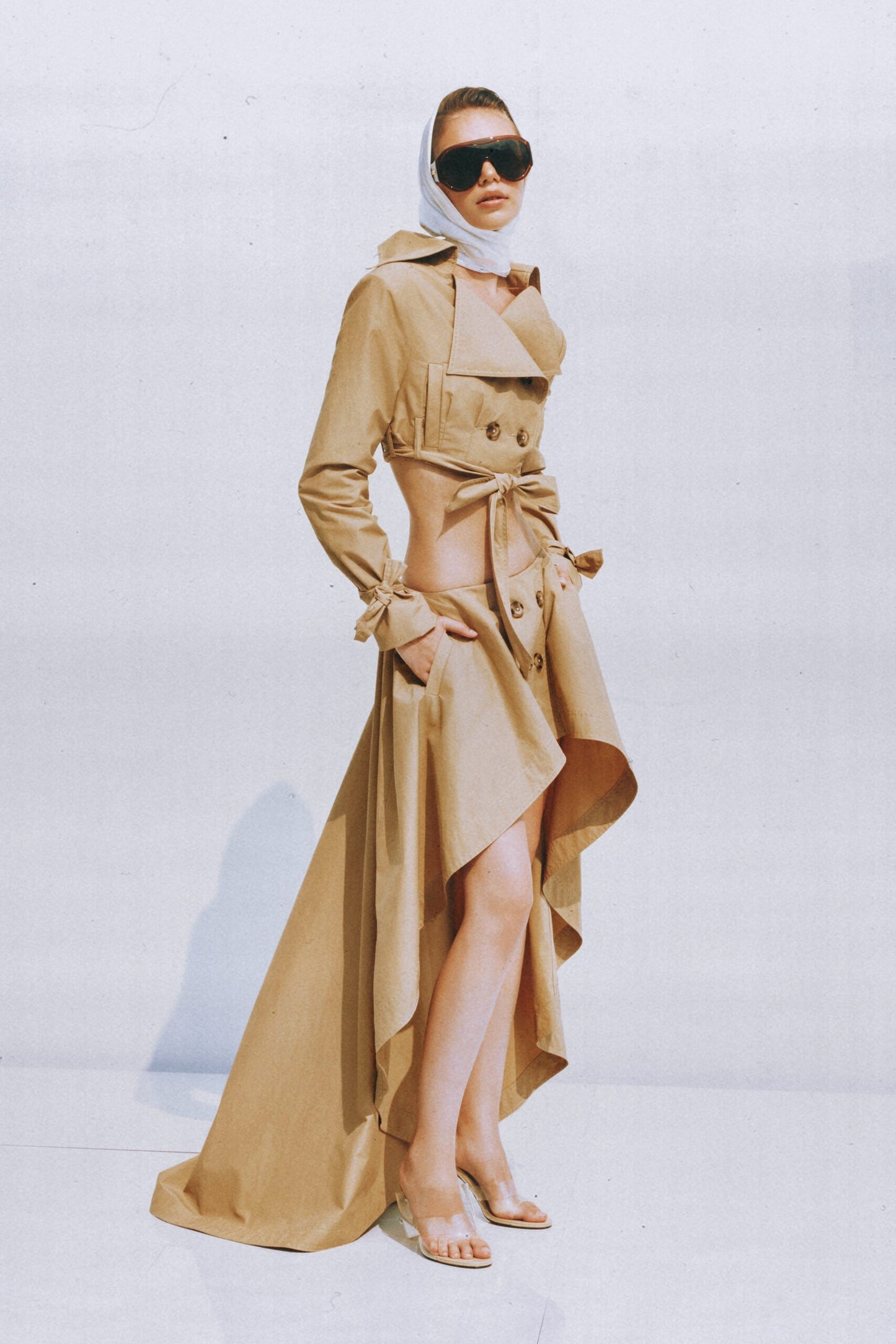 Maelle Khaki Cropped Trench Jacket  Skirt Matching Set