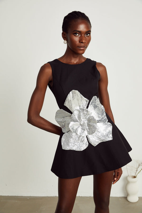 Maëlys black floralappliqué sleeveless mini dress