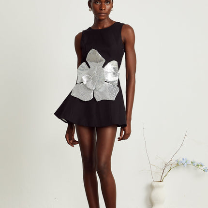 Maëlys black floralappliqué sleeveless mini dress