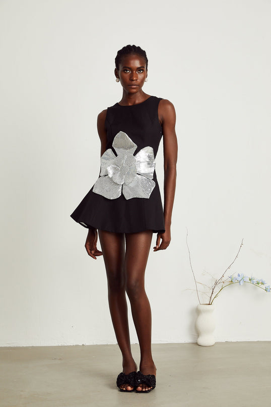 Maëlys black floralappliqué sleeveless mini dress