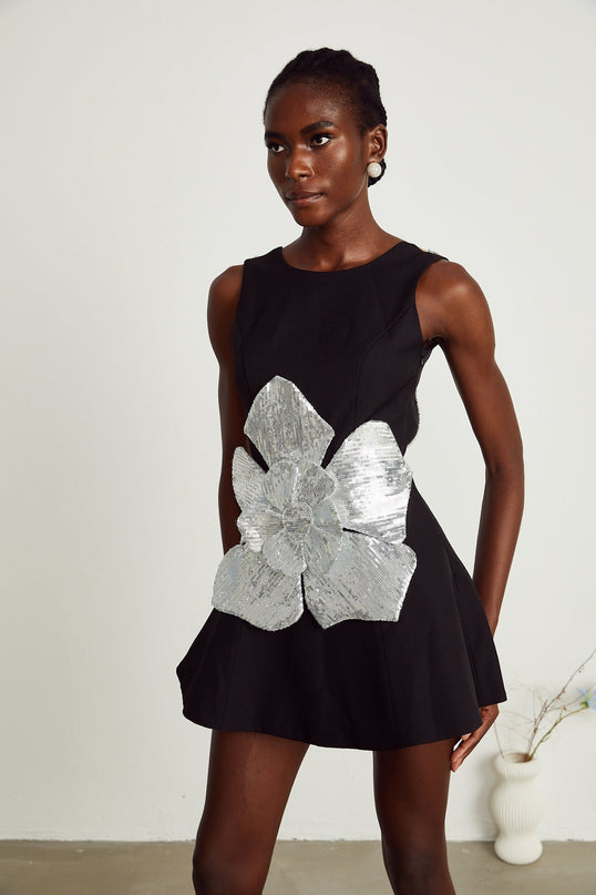 Maëlys black floralappliqué sleeveless mini dress