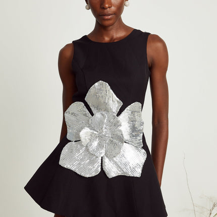 Maëlys black floralappliqué sleeveless mini dress