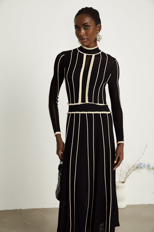 Maëlys black verticalstripe netted maxi dress