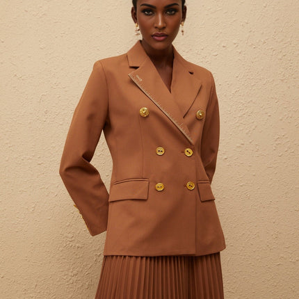 Maëlys wearing Brown Caramel Double Breasted Blazer Skirt Set