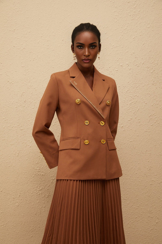 Maëlys wearing Brown Caramel Double Breasted Blazer Skirt Set