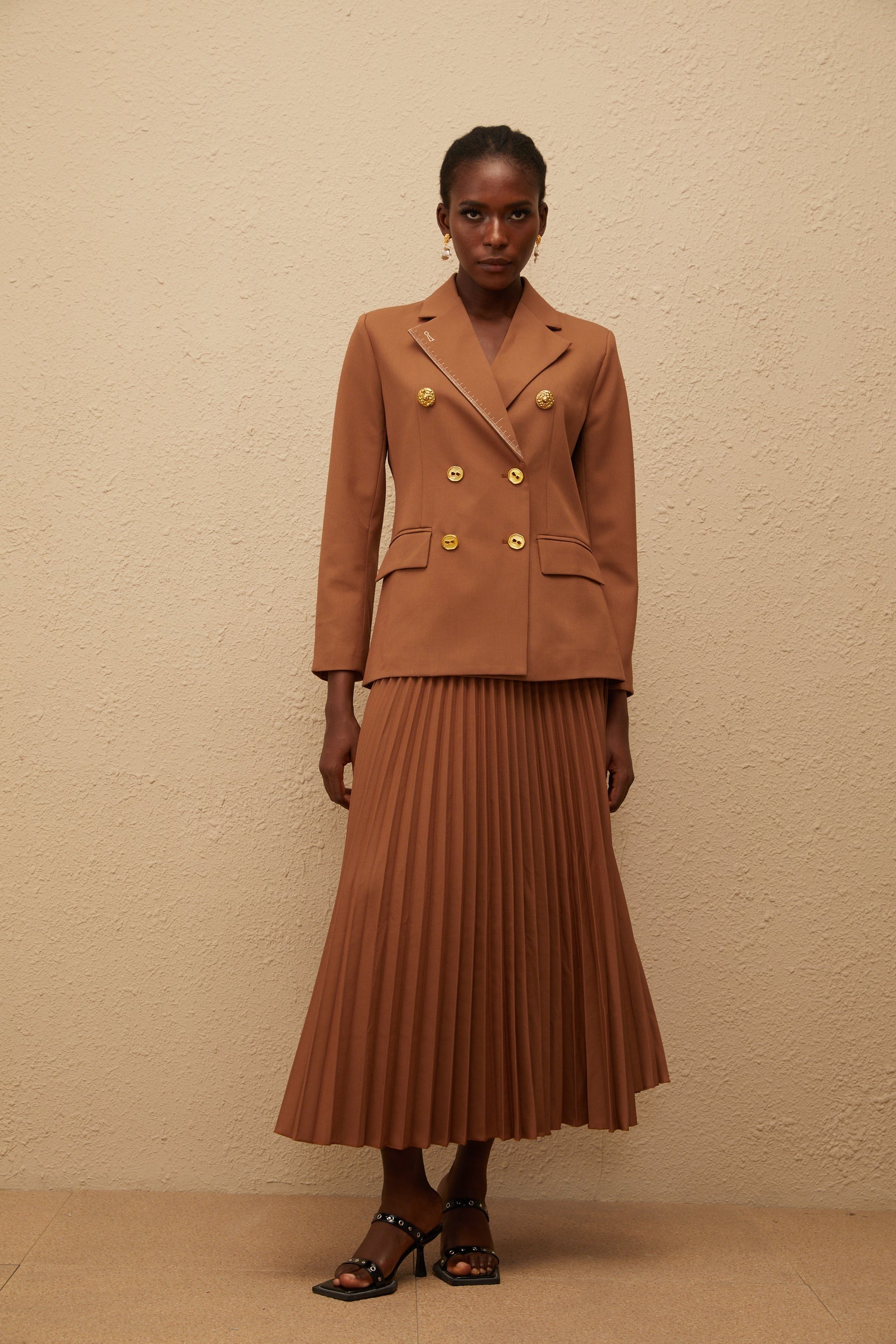 Maëlys Caramel Double Breasted Blazer  Skirt Set