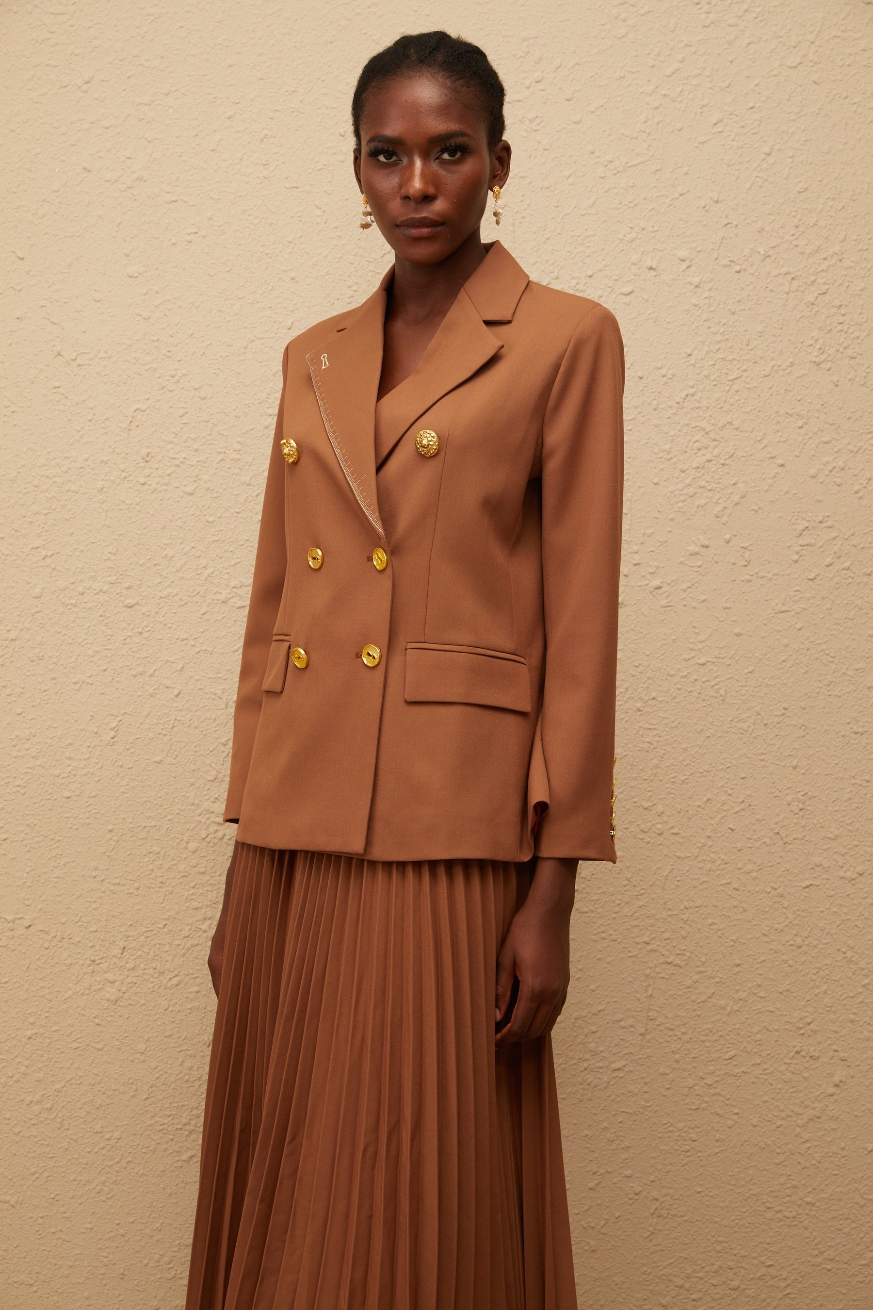 Maëlys Caramel Double Breasted Blazer  Skirt Set