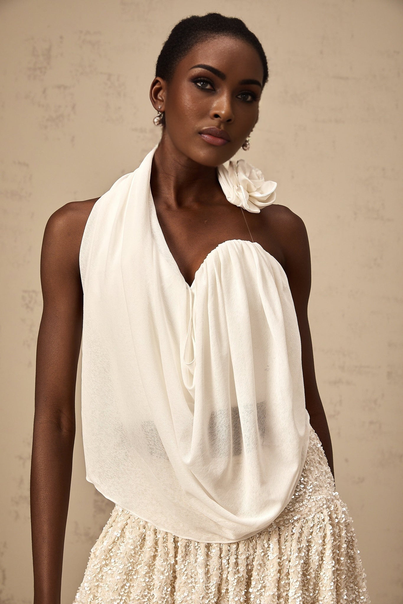 Maeva white halterneck floralappliqué top