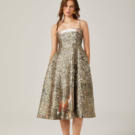 Maeve Green Jungle Print Midi Dress with Spaghetti Straps and Flared Skirt