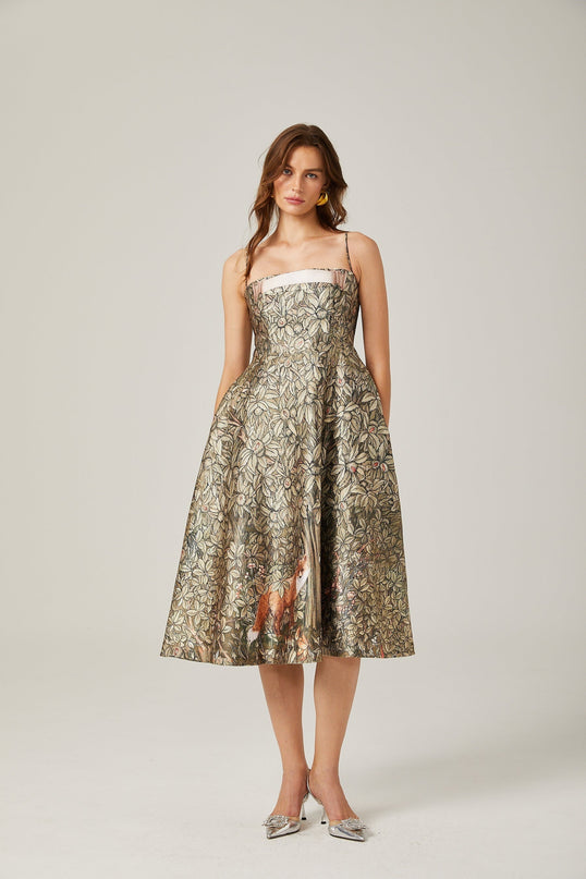 Maeve Green Jungle Print Midi Dress with Spaghetti Straps and Flared Skirt