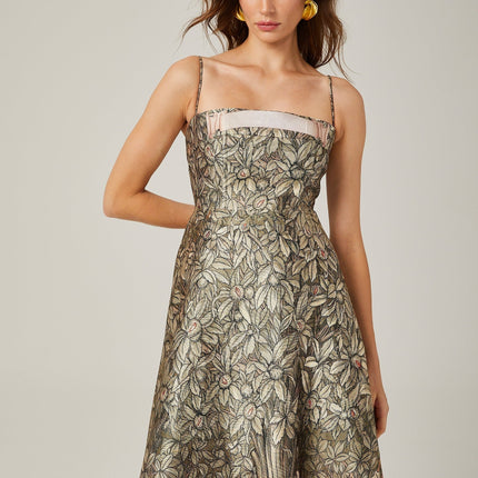 Maeve Green Jungle Print Midi Dress with Spaghetti Straps and Flared Skirt