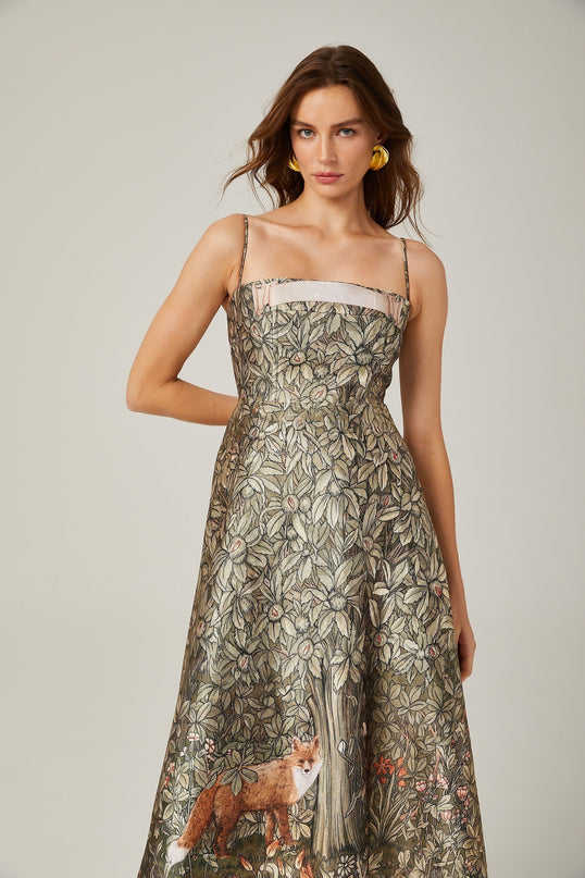 Maeve Green Jungle Print Midi Dress with Spaghetti Straps and Flared Skirt