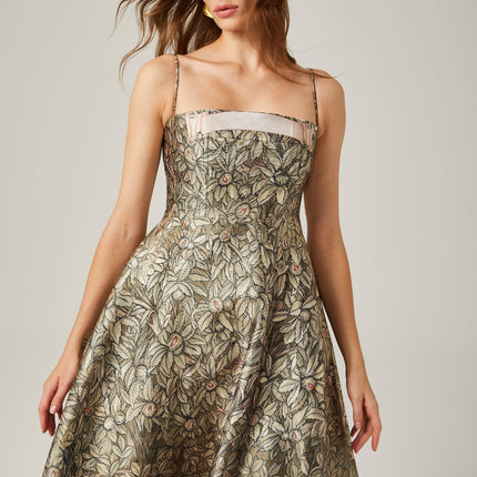 Maeve Green Jungle Print Midi Dress with Spaghetti Straps and Flared Skirt