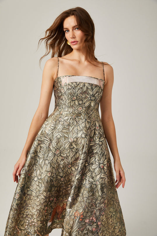 Maeve Green Jungle Print Midi Dress with Spaghetti Straps and Flared Skirt