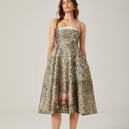Maeve Green Jungle Print Midi Dress with Spaghetti Straps and Flared Skirt
