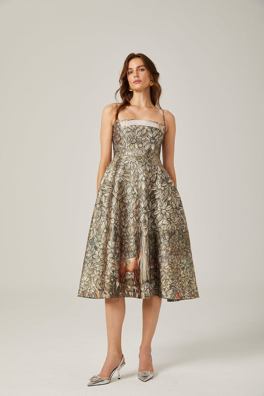 Maeve Green Jungle Print Midi Dress with Spaghetti Straps and Flared Skirt