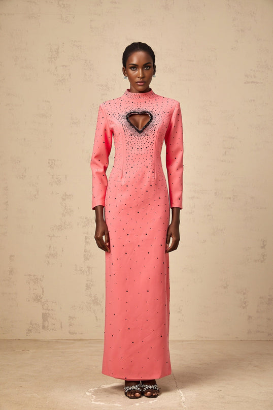 Maeve Hot Pink Maxi Dress with Heart Motif and Rhinestone Embellishments