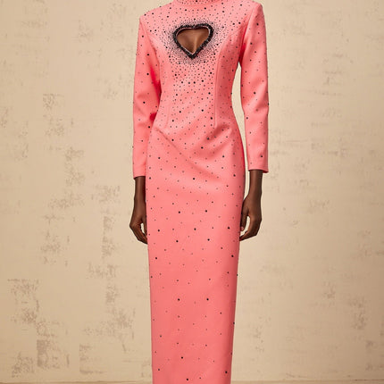 Maeve Hot Pink Maxi Dress with Heart Motif and Rhinestone Embellishments