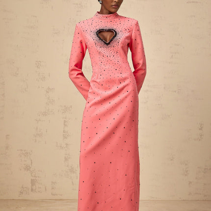 Maeve Hot Pink Maxi Dress with Heart Motif and Rhinestone Embellishments