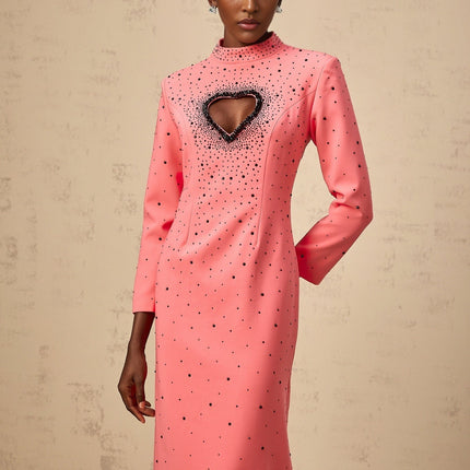 Maeve Hot Pink Maxi Dress with Heart Motif and Rhinestone Embellishments
