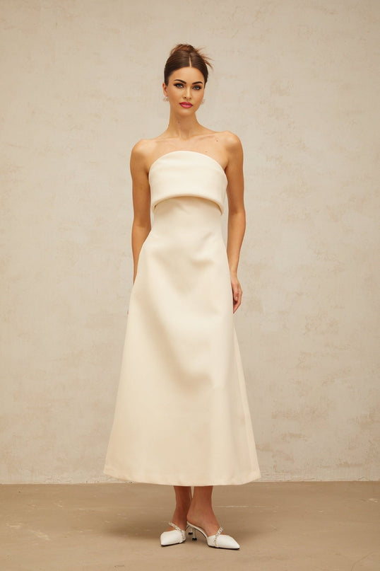 Maeve White Corset Style Midi Dress Terylene Fiber Sleeveless A-Line Flared Skirt Rear Zip Fastening