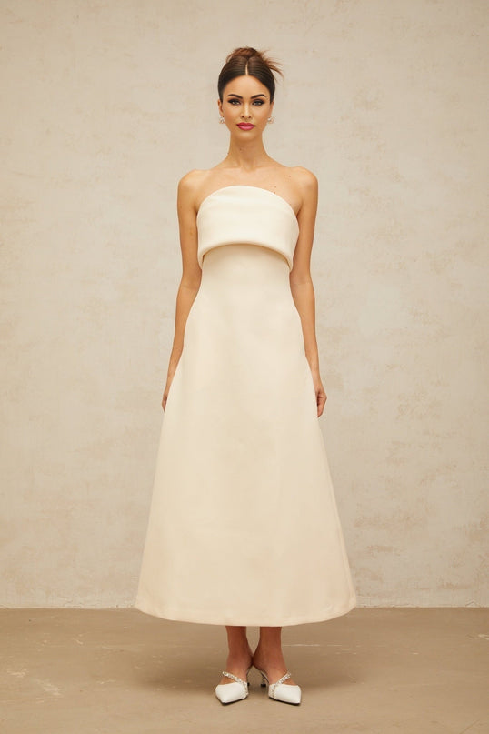 Maeve White Corset Style Midi Dress Terylene Fiber Sleeveless A-line Flared Skirt Rear Zip Fastening