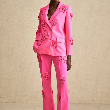 Maeve Pink Jacket Trousers Matching Set faux-flower detailing lapels long sleeves front button fastening luxurious blend Viscose Terylene front flap pockets straight hem flared hem front zip fastening side slit pockets refined style chic pink hue tailored perfection