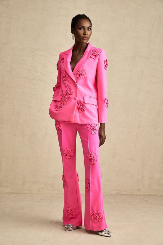 Maeve Pink Jacket Trousers Matching Set faux-flower detailing lapels long sleeves front button fastening luxurious blend Viscose Terylene front flap pockets straight hem flared hem front zip fastening side slit pockets refined style chic pink hue tailored perfection