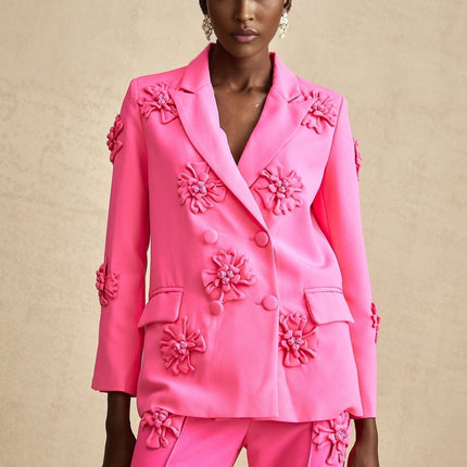 Maeve Pink Jacket Trousers Matching Set faux-flower detailing lapels long sleeves front button fastening luxurious blend Viscose Terylene two front flap pockets straight hem flared hem front zip fastening side slit pockets chic pink hue refined style modern woman tailored