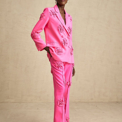 Maeve Pink Jacket Trousers Matching Set Faux-Flower Detailing