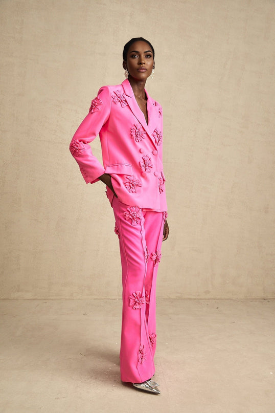 Maeve Pink Jacket Trousers Matching Set Faux-Flower Detailing