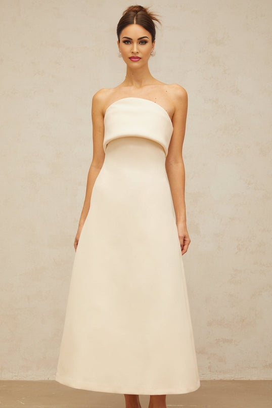 Maeve White Corset Style Midi Dress Terylene Fiber Sleeveless A-Line Flared Skirt Rear Zip Fastening