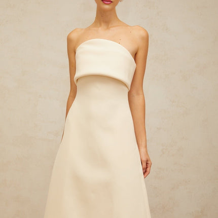 Maeve White Corset Style Midi Dress Terylene Fiber Sleeveless Foldover Top Fitted Waistline A-line Flared Skirt Rear Zip Fastening