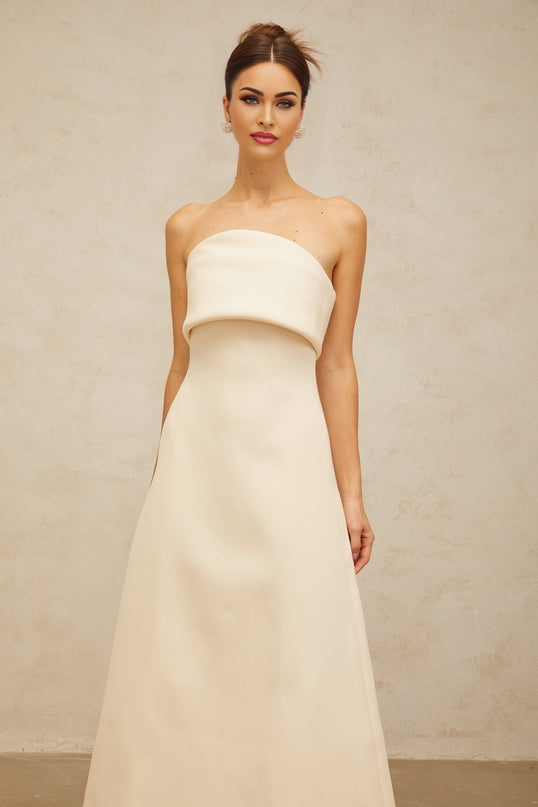Maeve White Corset Style Midi Dress Terylene Fiber Sleeveless Foldover Top Fitted Waistline A-line Flared Skirt Rear Zip Fastening