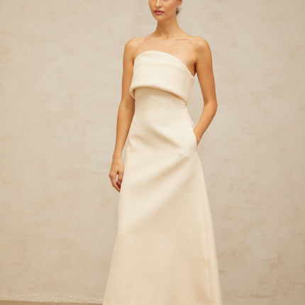 Maeve White Corset Style Midi Dress Terylene Fiber Sleeveless Foldover Top Fitted Waistline A-line Flared Skirt Rear Zip Fastening Mid-length Dress